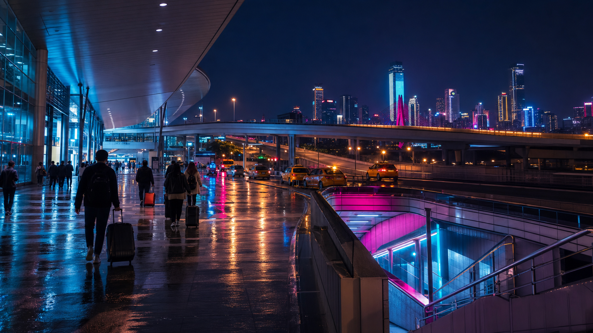 Rainy neon Chongqing airport and metro arrival scene with layered roads