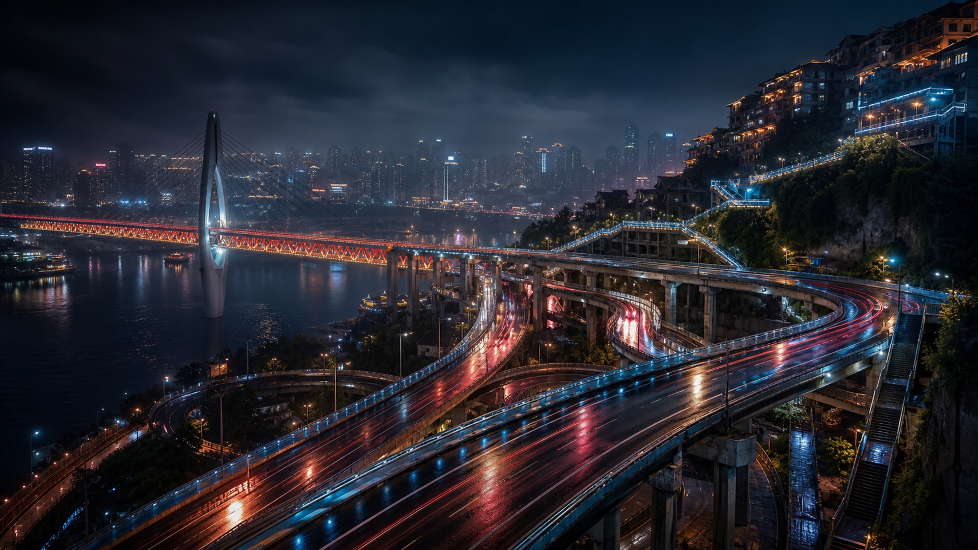 Rainy neon Chongqing river bridge and multi-level mountain-city roads at night