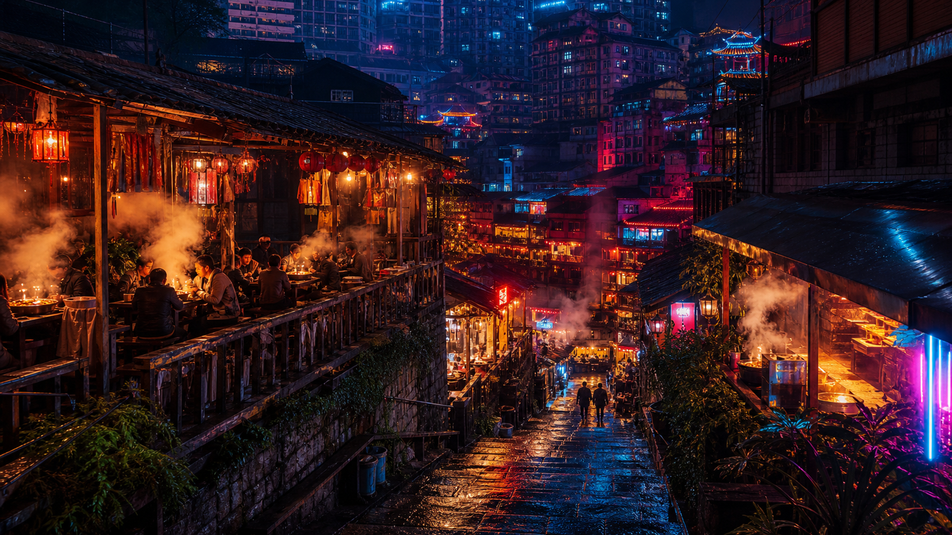 Rainy neon Chongqing hotpot alley with steam, stairs, and layered buildings