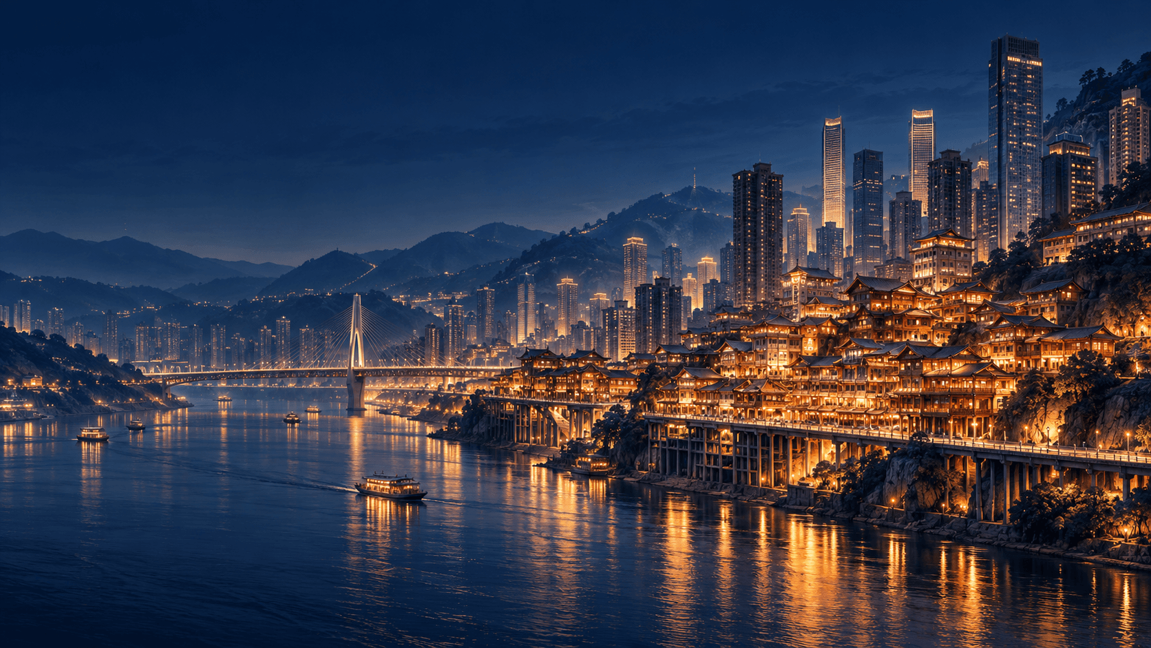 Photographic illustration of Chongqing’s riverfront at night with illuminated hillside buildings and city towers